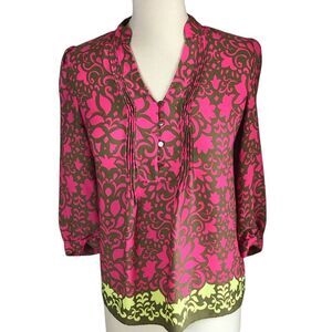 Banana Republic‎ Pink & Brown Floral Damask Print V-Neck Blouse 3/4 Sleeve XS
